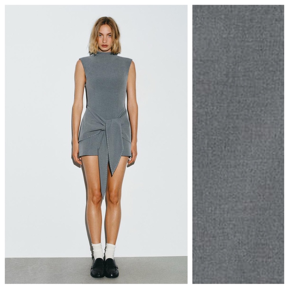 NWT. Zara Light Grey Short dress with Ties and Decorative Stitching. Size XXL.